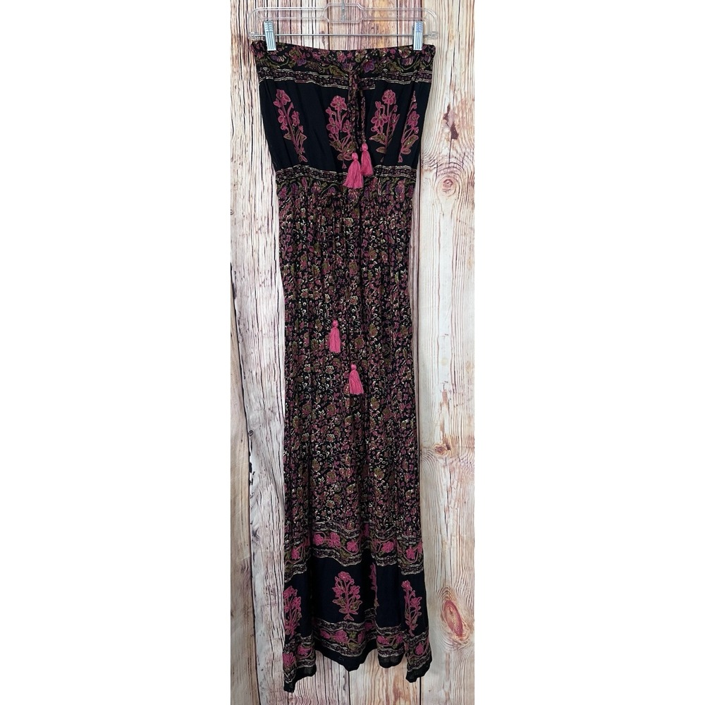 Chelsea & Violet Strapless Maxi Dress XS Bohemian Black Embroidered Floral